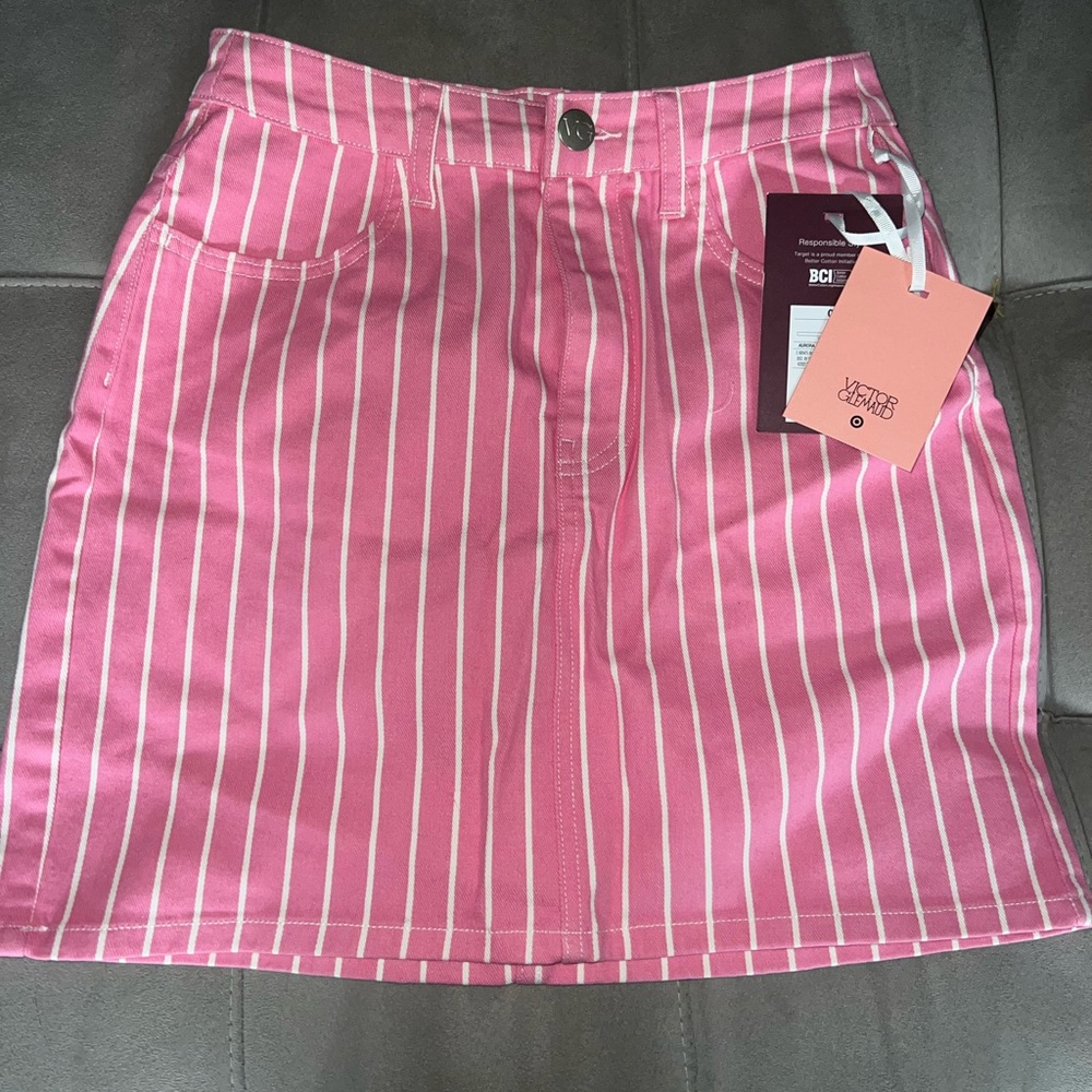 NWT Victor Glemaud Size 0 Denim Pink and White Striped Skirt
